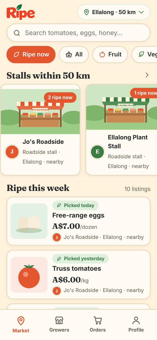The Ripe app Market screen showing nearby stalls and produce picked today